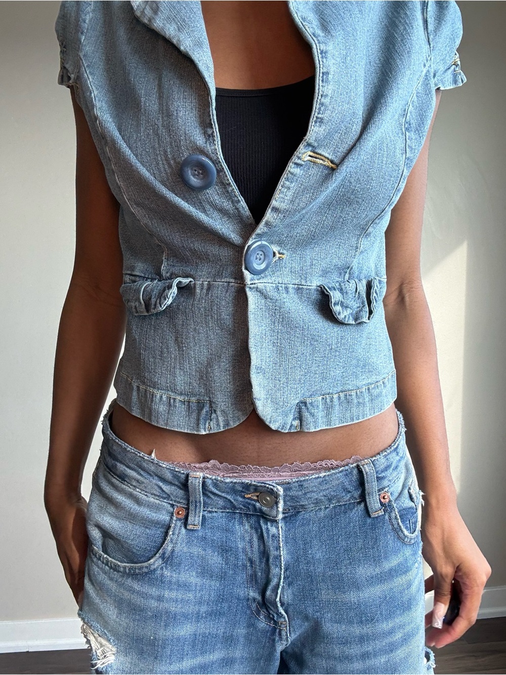 Cropped Light Wash Denim Vest and Jeans Set - Light Blue